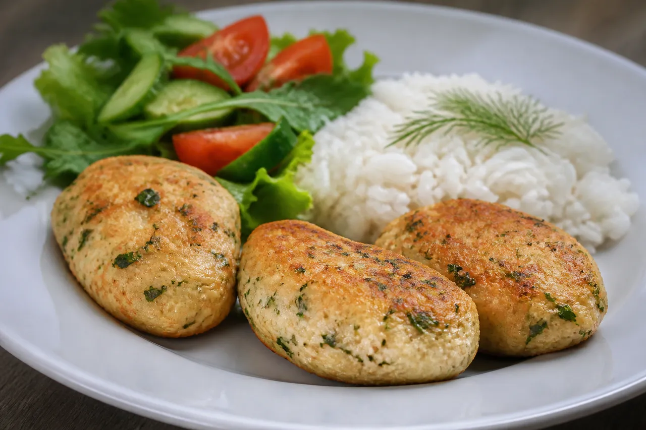 Assiette équilibrée de quenelles de brochet avec riz et salade