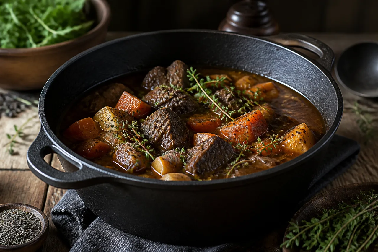 Préparation d'un civet de chevreuil en cocotte avec herbes