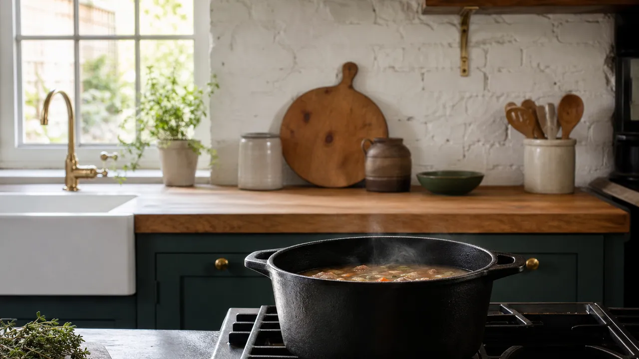Cocotte qui mijote dans une cuisine rustique rénovée