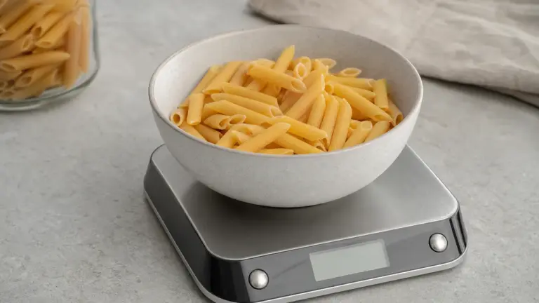 100 g de pâtes sèches par personne sur une balance