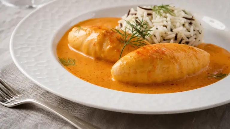 Quenelles de brochet avec sauce Nantua, riz pilaf et légumes