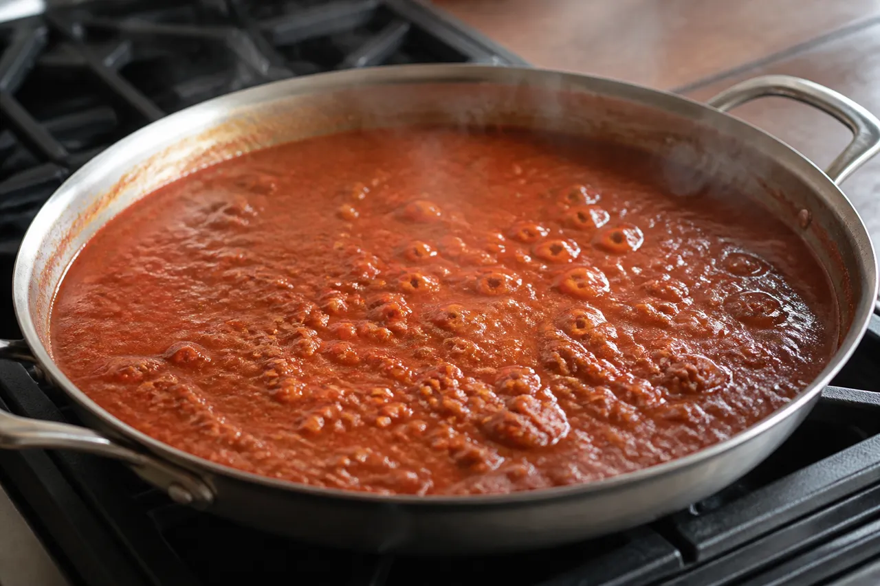 Réduction d'une sauce trop liquide à feu doux, sans couvercle